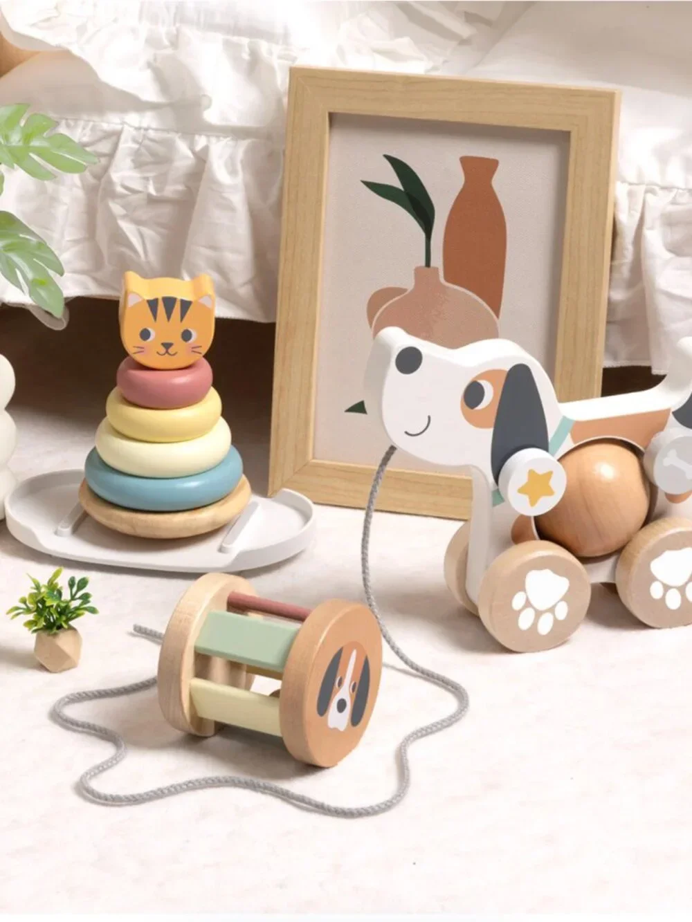 Montessori Wooden Pull Along Dog Toy & Stacking Rings Gift Set New